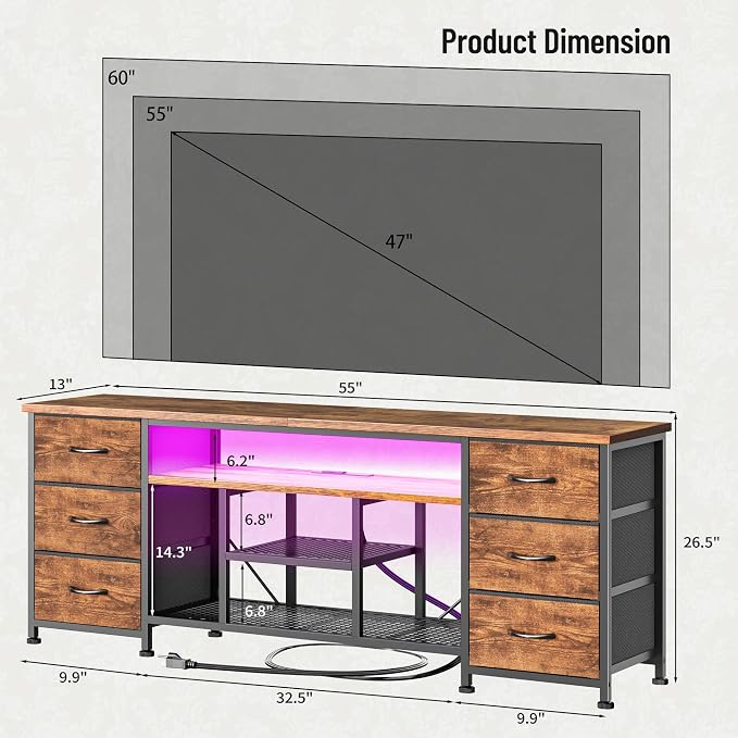 Furologee LED TV Stand for 55, 60 Inch TV, 55 Inch Entertainment Center with Power Outlets, 6 Drawers for Media Console with Open Shelves, Rustic Brown