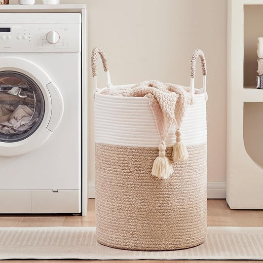 80L Extra Large Laundry Hamper Basket Tall Woven Rope Clothes Hamper Blanket Basket for Living Room Bathroom Bedroom Brown 16"L x 16"W x 22"H