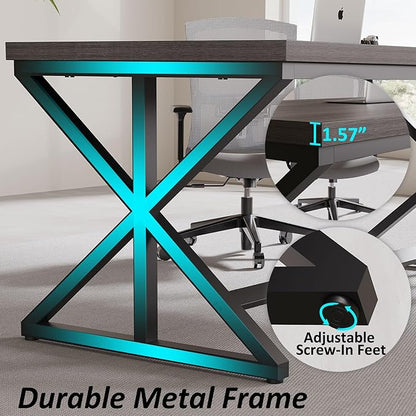 IBF 60 Inch Long Office Desk, Modern Metal Wooden Grey Writing Study Computer Desk for Bedroom, Farmhouse Big Simple Home Office Desks Executive Work Pc Table for Student, Dark Gray Oak