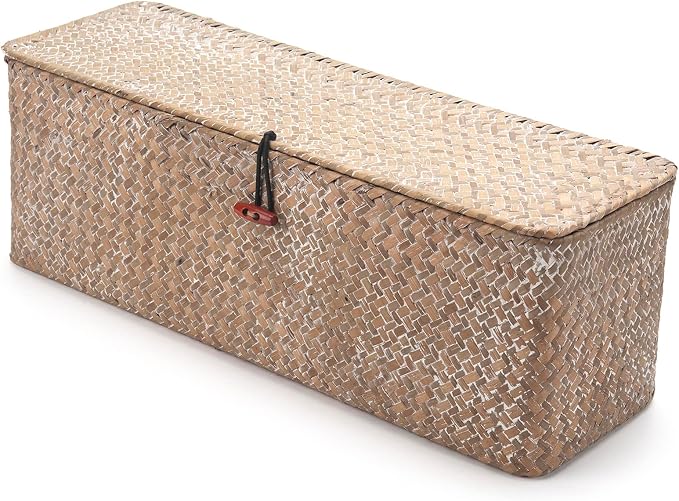 Whitewash Seagrass Tank Basket with Lid Woven Toilet Roll Storage Basket with Sections Rectangular for Organize Snack Toys (Large Compartment 16.5inch L x 5.5inch W x 5.5inch H)