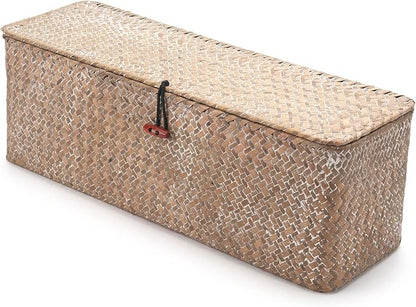Whitewash Seagrass Tank Basket with Lid Woven Toilet Roll Storage Basket with Sections Rectangular for Organize Snack Toys (Large Compartment 16.5inch L x 5.5inch W x 5.5inch H)