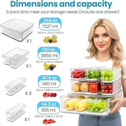 6 Pack Refrigerator Organizers, Clear Pull-out Drawer Container and Organizer Bins with Lids, Stackable Storage Containers for Fruits, Vegetable (Set of 6 (Include Pull Out Drawer))