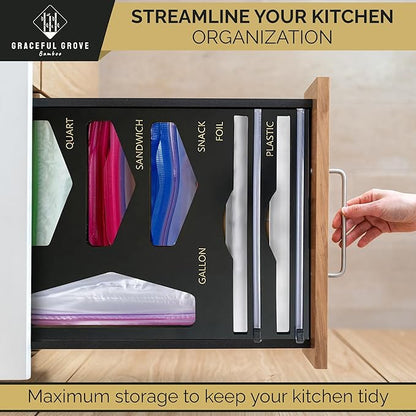 6-in-1 Bamboo Food Storage Bag Organizer for Drawer – Bag Organizer with Foil & Plastic Wrap Dispenser, Built-In Cutter, Holds Gallon Quart Sandwich Snack Bags, Black
