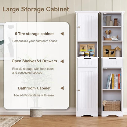ChooChoo 67" Tall Bathroom Storage Cabinet, Narrow Bathroom Cabinet with 2 Doors and 1 Drawers, Freestanding Cupboard Floor Cabinet with Adjustable Shelves for Living Room, Kitchen, White