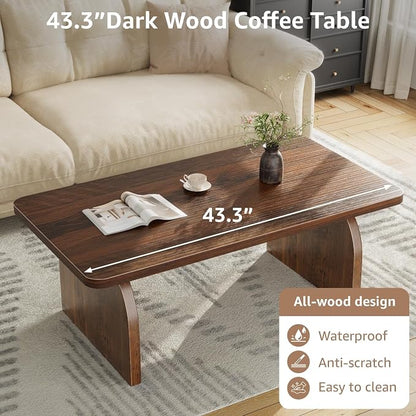 Farmhouse Coffee Table for Living Room - Dark Wood Rustic Rectangle Coffee Table Walnut, Solid Wooden Brown Center Table