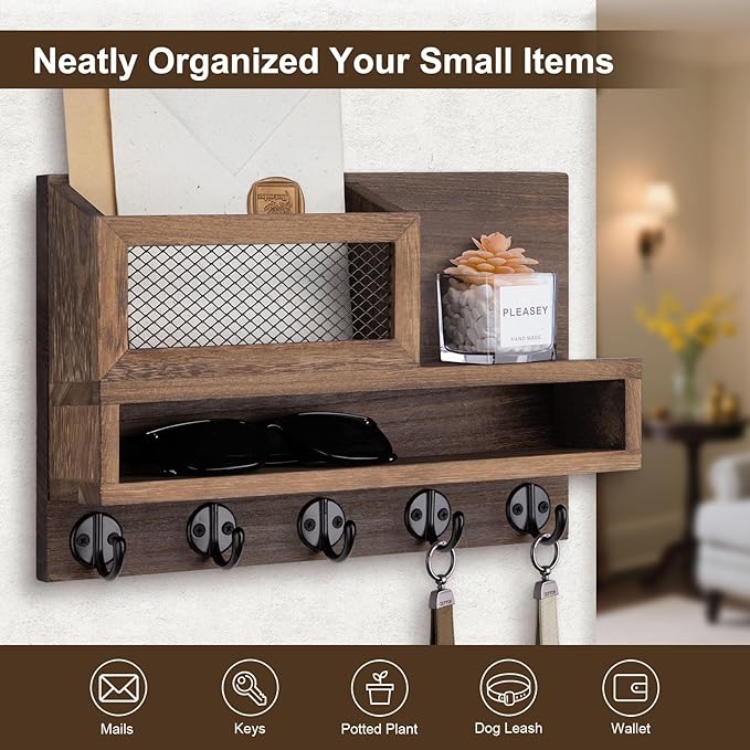 Key Holder for Wall, Mail Organizer Wall Mount with Storage Compartment and 5 key Hooks for Coat, Dog Leash, Stylish Mesh Mail Holder, Home Decor Entry Way Organizer