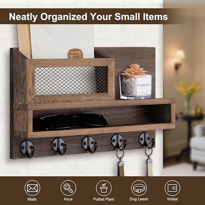 Key Holder for Wall, Mail Organizer Wall Mount with Storage Compartment and 5 key Hooks for Coat, Dog Leash, Stylish Mesh Mail Holder, Home Decor Entry Way Organizer