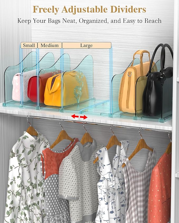 Rose Purse Dividers for Closet, 2 Pack Clear Clutch Purse Closet Organizers, Adjustable Handbag Storage Organizers, Plastic Bookshelf Separator Dividers for Bedroom Office