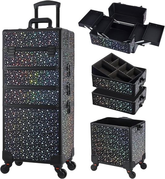 Stagiant Rolling Makeup Case Cosmetology Case on Wheels 4 in 1 Large Makeup Travel Case Nail Kits Organizer Train Case with Key Make Up Artist Salon Storage Traveling Cart Trunk Black Star