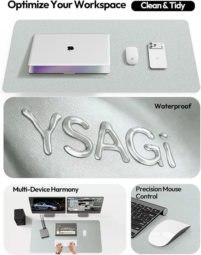 YSAGi Leather Desk Pad Protector, Office Desk Mat, Large Mouse Pad, Non-Slip PU Leather Desk Blotter, Laptop Desk Pad, Waterproof Desk Writing Pad for Office and Home (Silver, 35.4" x 17")