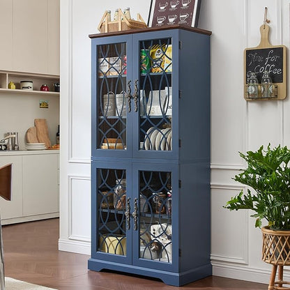 67" Tall Pantry Cabinet Set of 3, Vintage Kitchen Pantries Cabinets with Glass Doors & Adjustable Shelves, Wood Cupboard with Large Storage for Dingning Room, Bathroom, Navy Blue