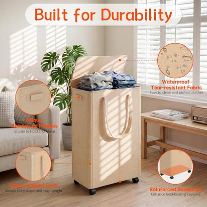 Slim Laundry Hamper with Wheels,15 Gal (55L) Rolling Laundry Basket with lid and wheels Clothes Hamper Foldable Tall Dirty Clothes Basket Sturdy Collapsible Clothes Hamper for Dorm,Laundry Room