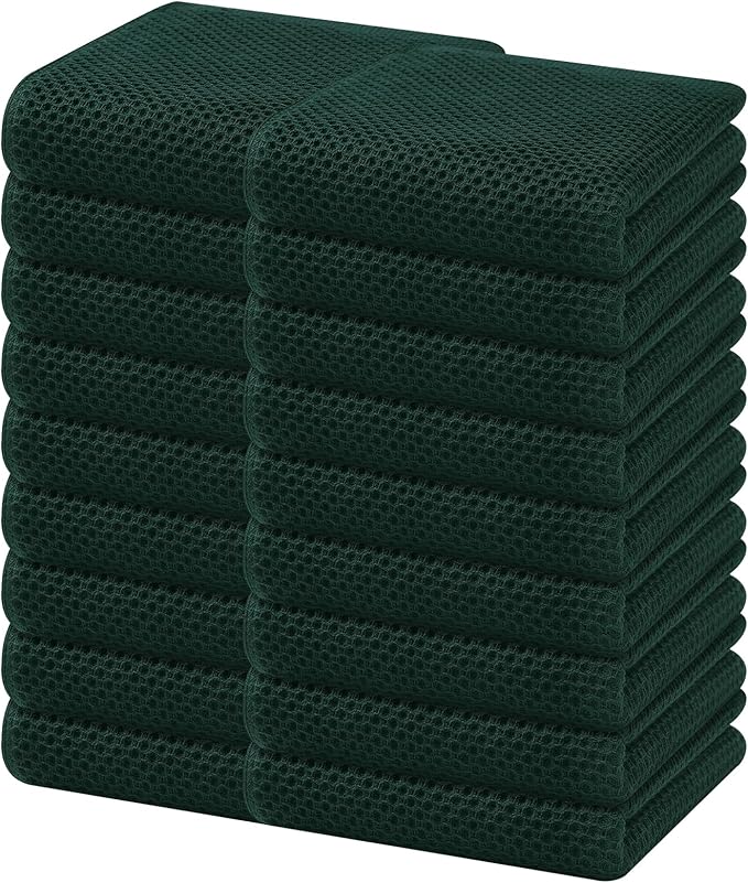 Homaxy 100% Cotton Waffle Weave Kitchen Dish Towels, Ultra Soft Absorbent Quick Drying Cleaning Towel, 13 x 28 Inches, 18-Pack, Blackish Green