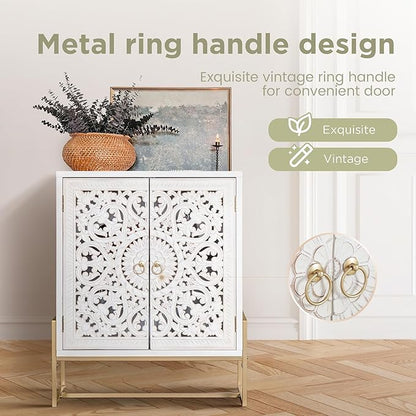Sophia & William Accent Cabinet with Doors, White Distressed Storage Cabinet Display Cabinet with 2 Hollow-Carved Doors and Metal Legs for Living Room Entryway