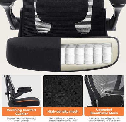 Office Chair Ergonomic Office Chair with Lumbar Support, Head Support, Rocking Function, FILP-up Armrests, Mesh High Back Chair Home Office Desk Chair, Suitable for Home, Office, Black