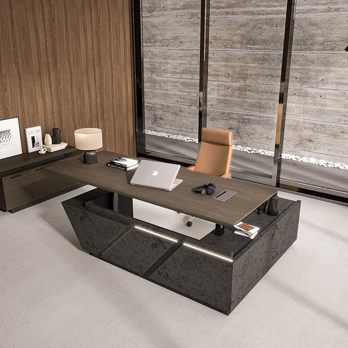 94.5" Adjustable Height L-Shaped Executive Desk with LED Light Strip - Black Inverted Trapezoid Design, Includes Storage Cabinet with Drawers & Doors, Ergonomic Standing Office Desk for Home & Office