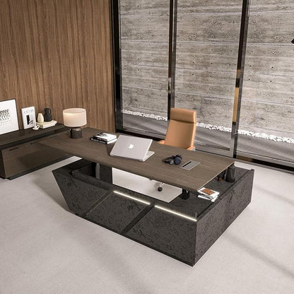 94.5" Adjustable Height L-Shaped Executive Desk with LED Light Strip - Black Inverted Trapezoid Design, Includes Storage Cabinet with Drawers & Doors, Ergonomic Standing Office Desk for Home & Office