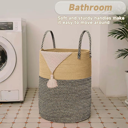 JMvicyroam Large Woven Laundry Basket Hamper,60L Cotton Rope Storage Bin for Blankets,Toys and Clothes,Decorative Tall Nursery Hamper for Living Room,Baby Nursery,Bathroom and Bedroom,Brown and Black