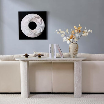 55" Console Table for Entryway, Narrow Sofa Entrance Table with Faux Mars Marble Pattern, Modern Sofa Tables with Rounded Curved Edges for Living Room, Hallway, Foyer, Home Office, Beige