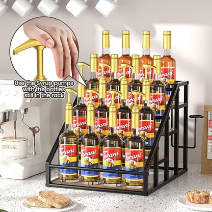 Coffee Syrup Rack Organizer, Spice Racks, Syrup Bottle Holder Stand for Coffee Bar, 4-Tier 16 Bottles Storage Shelves for Syrup, Wine, Dressing for Kitchen Countertop, Rustic Brown & Black