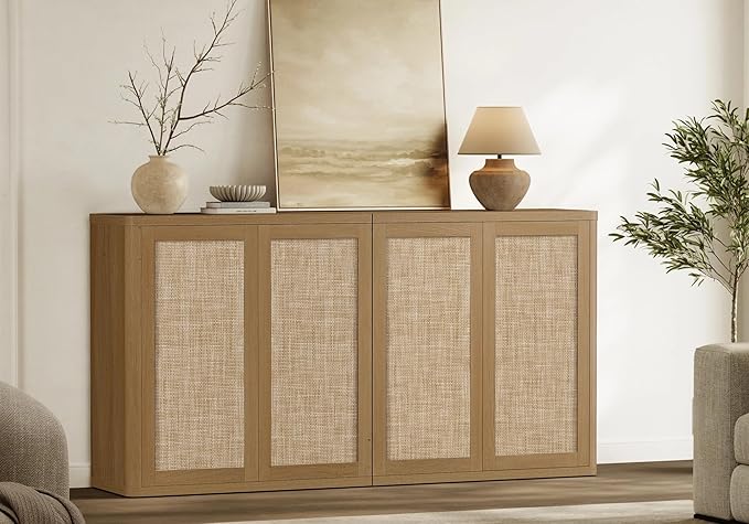 SICOTAS 64" Rattan Modular Buffet Sideboard Storage Cabinet - Large Credenza Console Table with Adjustable Shelves, Farmhouse Boho Coffee Bar Cabinet Stand for Living Room, Hallway, Dining Room