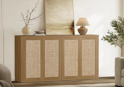 SICOTAS 64" Rattan Modular Buffet Sideboard Storage Cabinet - Large Credenza Console Table with Adjustable Shelves, Farmhouse Boho Coffee Bar Cabinet Stand for Living Room, Hallway, Dining Room