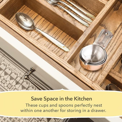 Simply Gourmet Measuring Cups & Spoons Set of 12, 18/08 Stainless Steel Kitchen Gadgets, Stackable Design with Long Handle Spoons, Fits in Spice Jars, Cooking & Baking Set for Dry & Liquid