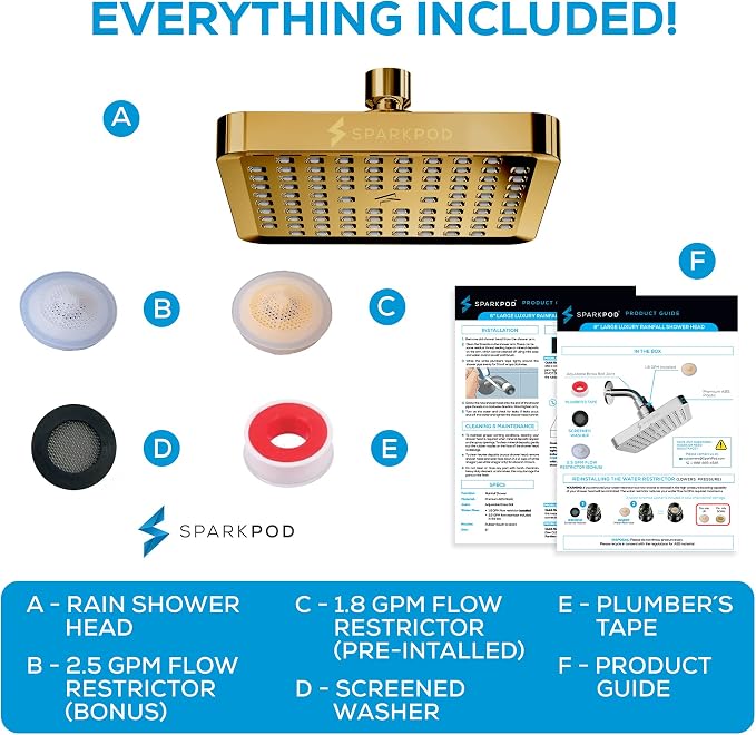 SparkPod Rain Shower Head, 6 Inch Square | High Pressure Shower Heads, 90 Nozzle (Touch-to-Clean), Adjustable Showerhead, No-tool Universal Connection
