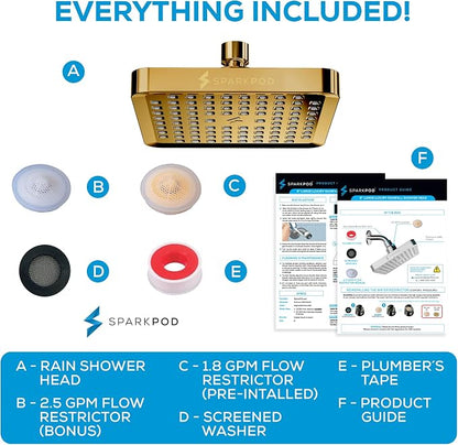 SparkPod Rain Shower Head, 6 Inch Square | High Pressure Shower Heads, 90 Nozzle (Touch-to-Clean), Adjustable Showerhead, No-tool Universal Connection