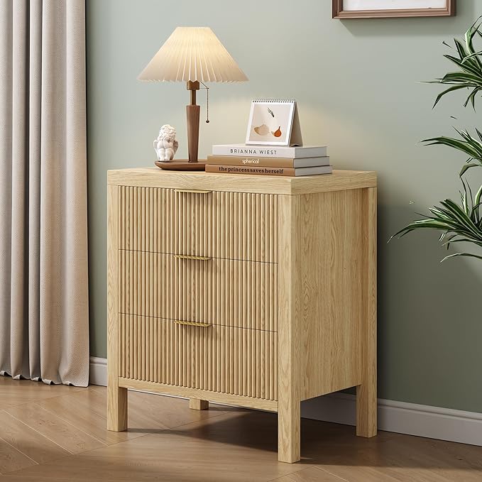 Nightstand, Small Nightstand for Bedroom, Modern Bedside Table with Wooden Frame, Dresser with 3 Drawers, Bedside Furniture, Night Stand, Natural