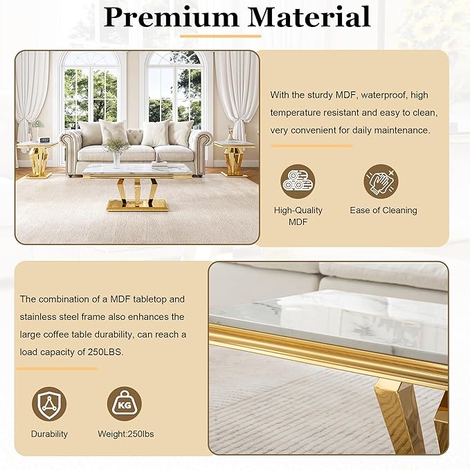 Living Room Coffee Table Set of 3, Modern Marble Coffee Table and 2 End Side Tables, 3-Piece Living Room Table Set with Stainless Steel Base for Living Room (Gold,White)