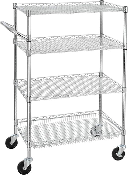 Finnhomy 4 Tier Heavy Duty Commercial Grade Rolling Cart with Handle Bar, Metal Wire Utility Cart with Wheels, Service Trolley on Wheels, Shelf Size 18" D x 30" W, NSF Listed, Chrome