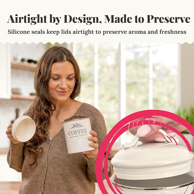 noonberry Kitchen Canisters for Countertop - 3-Piece Airtight Kitchen Canister Set - Sugar Coffee Tea Containers for Kitchen Counter - Cream-White Magnolia Finish