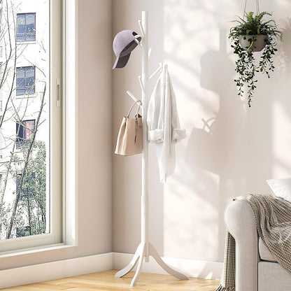 kiplant Coat Rack Stand with 8 Hooks, Adjustable Coat Standing Tree Easy Assembly for Coats, Hats, Scarves and Handbags for Entryway, Hallway, Bedroom, Office (Bamboo, White)