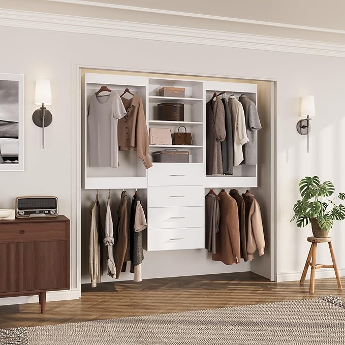 ROOMTEC Modular Closet System, 102" Wall-Mounted Closet Organizer with Drawers and Hanging Rods, Wooden Tower for Walk-In Closets, Wardrobe Storage Kit, White