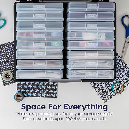 IRIS USA Photo Storage Case with 16 Inner 4" x 6" Picture Cases, Opaque Picture Container with Handle for Light-Sensitive Organization, Scrapbooking Stationery Ephemera Keepsakes Art Supplies, Black