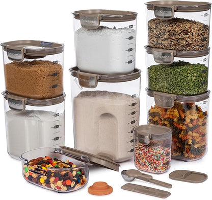 ProKeeper+ Airtight Food Storage Container Set – Clear Plastic Flour and Sugar Canister Set with Magnetic Accessories for Kitchen Organization (Taupe, 13-Piece)