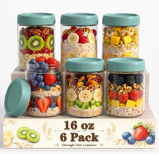 Overnight Oats Containers with Lids, Glass Storage Containers with Lids, Wide Mouth Mason Jars 16oz, Sugar Bowls, Airtight Glass jars for Chia Pudding, Yogurt, Salad Storage (6 Pack, Green)