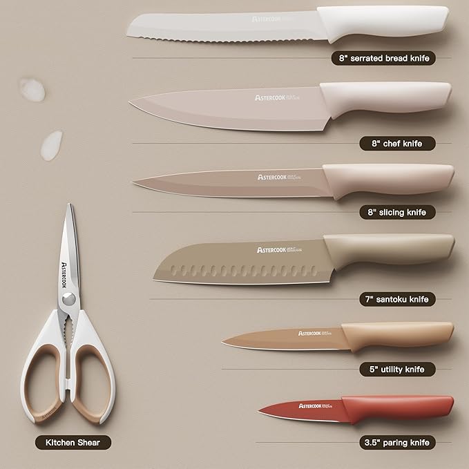 Astercook Knife Set, 13 Pieces Kitchen Knives Set with Healthy Anti-Rust Coating, Dishwasher Safe, Stainless Steel Chef Knife Sets with 6 Blade Guards, Fathers Day Gift for Men