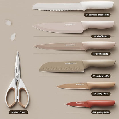 Astercook Knife Set, 13 Pieces Kitchen Knives Set with Healthy Anti-Rust Coating, Dishwasher Safe, Stainless Steel Chef Knife Sets with 6 Blade Guards, Fathers Day Gift for Men