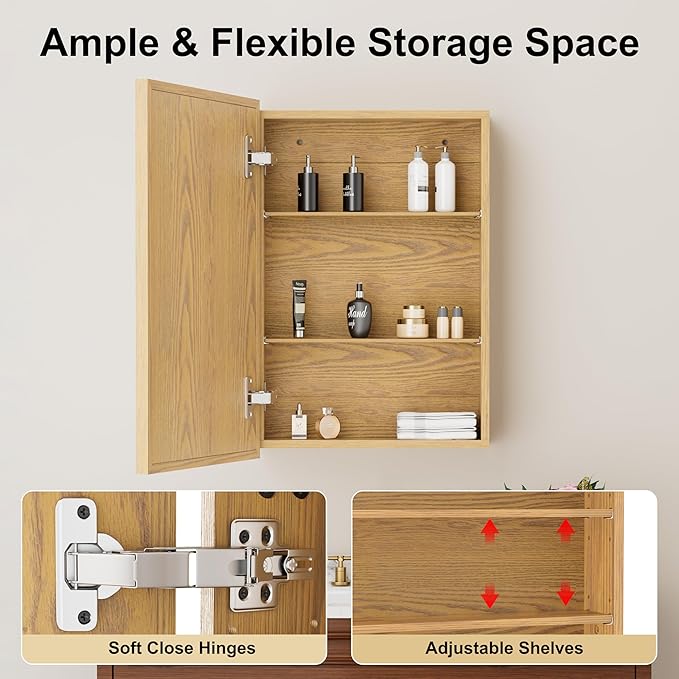 16x24 Inch Wood Medicine Cabinet with Mirror, Surface or Recessed Mounted Bathroom Cabinets with Adjustable Shelves, Soft-Close Hinges, Wall Mounted Cabinet for Storage, Oak-Grain