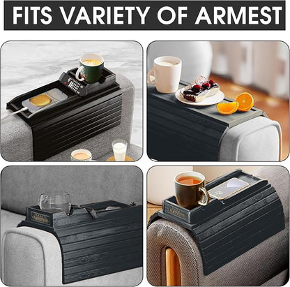 Couch Cup Holder Tray with 2 Cork Coasters, Couch Arm Tray, 2 in 1 Anti-Slip Foldable Sofa Arm Tray, Couch Armrest Table, Anti-Spill Couch Arm Table for Drinks TV Remote Cellphone Snacks (Black)