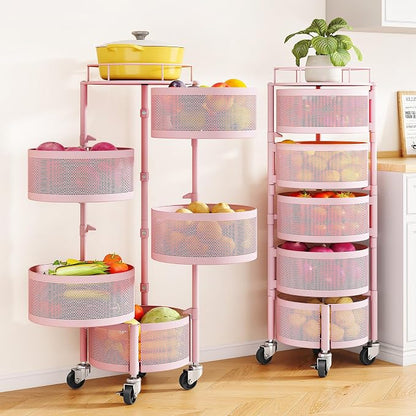 SNTD Fruit and Vegetable Basket Bowls for Kitchen with Metal Top Lid, 5 Tier Rotating Storage Rack Cart for Potato Onion Bread Banana, Wire Basket Organizer on Wheels, Large, Pink
