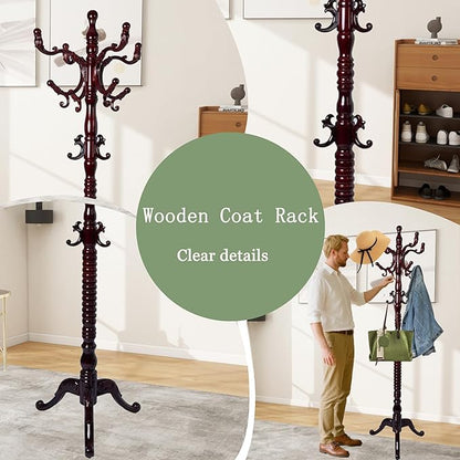 Coat Rack Freestanding,Solid Wooden Coat Rack Stand with 3 Height Options,14 Hooks, Natural Birch Coat Tree Easy to assemble for Clothes Jacket Hat bag Entryway (mahogany) (mahogany 2)