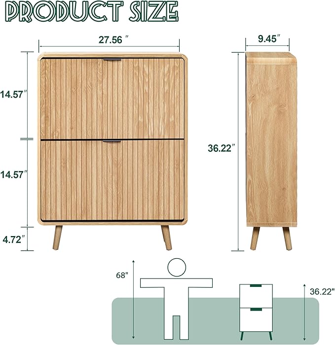 Fluted Shoe Cabinet Storage for Entryway,Slim Shoe Cabinet with 2 Flip Drawers, Narrow Shoes Rack Organizer (All Natural, 2 Drawers)