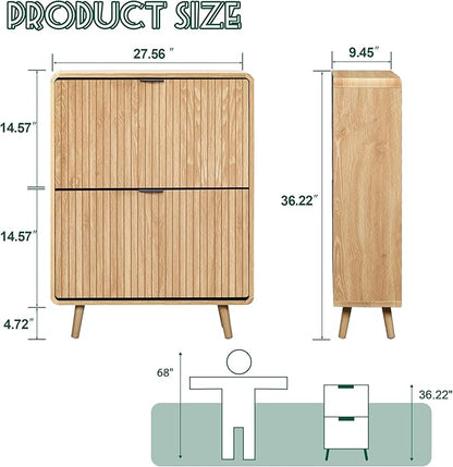 Fluted Shoe Cabinet Storage for Entryway,Slim Shoe Cabinet with 2 Flip Drawers, Narrow Shoes Rack Organizer (All Natural, 2 Drawers)