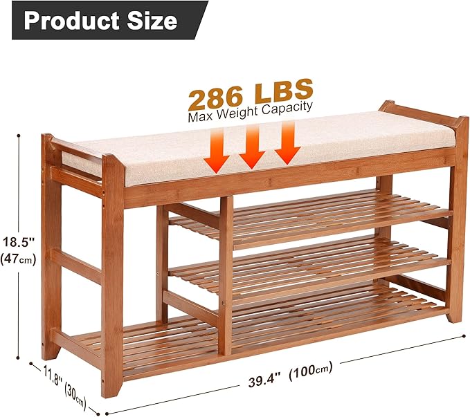 Shoe Rack Bench with Cushion 39.4“, Shoe Rack for Front Door Entrance, Shoe Bench with Storage for Entryway Hallway Bedroom Living Room