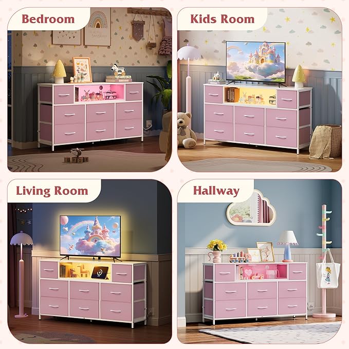 WLIVE Dresser TV Stand for 45, 50, 55 inch TV, Entertainment Center with LED Lights & Charging Station, Chest of Drawers with 8 Fabric Drawers and Open Shelves for Living Room, Hallway, A-Pink