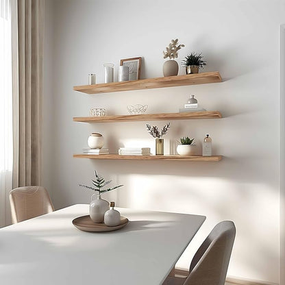 YYWUOJJ Wood Floating Shelves for Wall Decor, Rustic Wall Shelves for Bedroom Bathroom Kitchen Living Room, Set of 4 Light Walnut 48 Inch