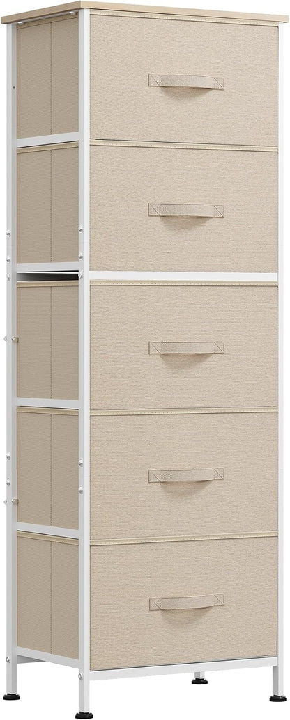 WLIVE Fabric Dresser, 5-Drawer Tall Dressers for Bedroom, Storage Dresser Organizer with Fabric Bins, Wood Top, Sturdy Steel Frame, Chest of Drawers for Closet, Hallway, Cream White